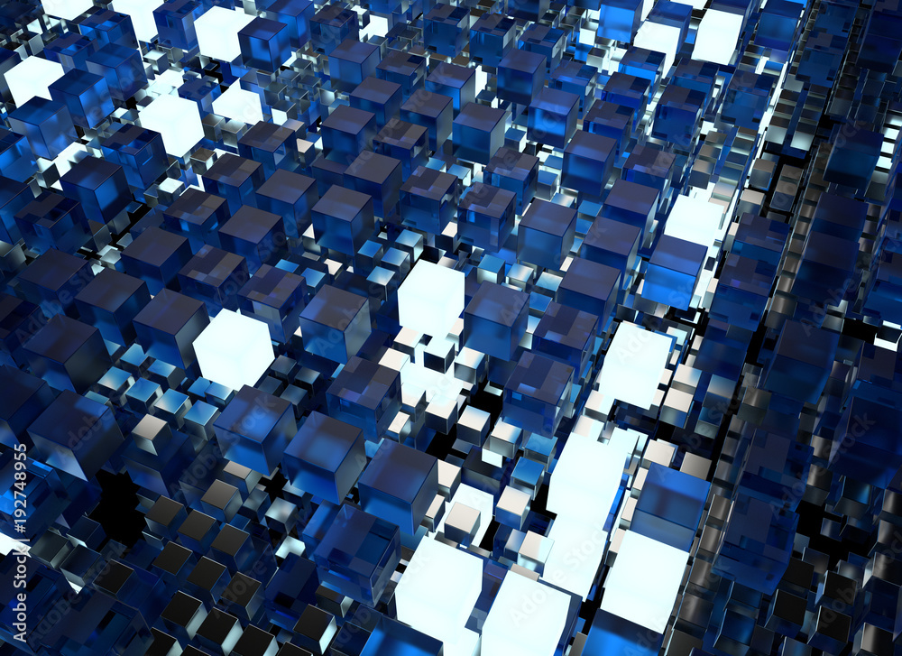 Poster 3d render abstract background. a stack of cubes with different materials. grid structure made of squ