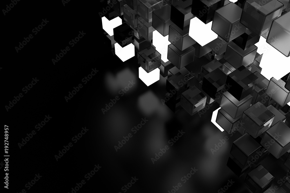 Poster 3d render abstract background. a stack of cubes with different materials. grid structure made of squ