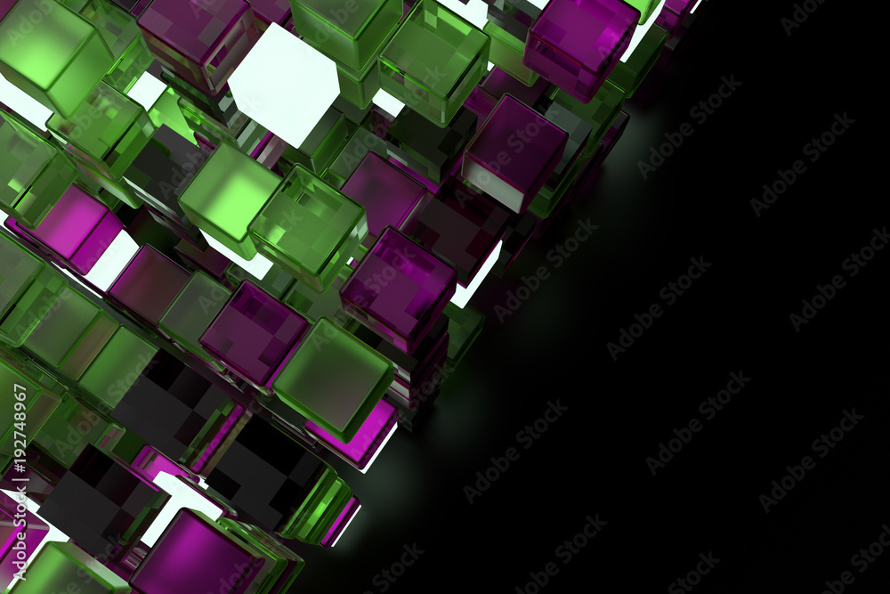 Poster 3d render abstract background. a stack of cubes with different materials. grid structure made of squ