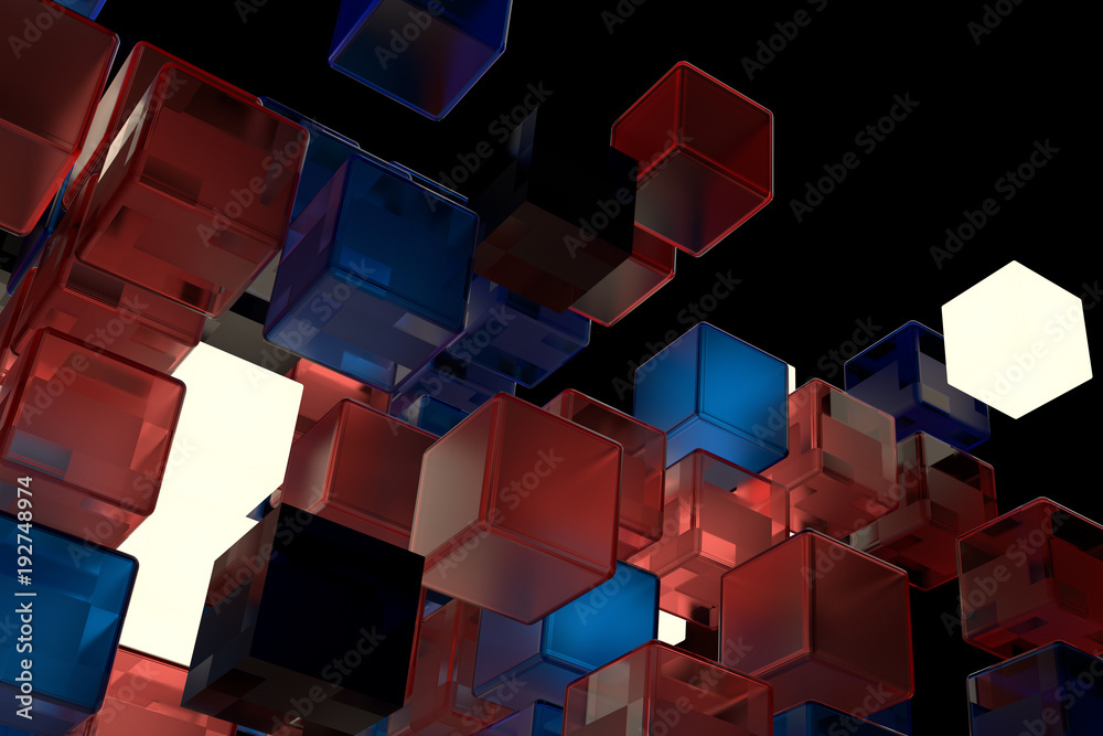 Poster 3d render abstract background. a stack of cubes with different materials. grid structure made of squ