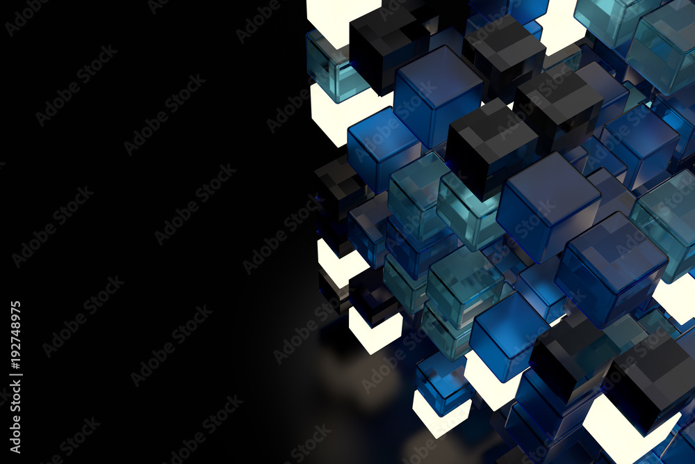 Poster 3d render abstract background. a stack of cubes with different materials. grid structure made of squ