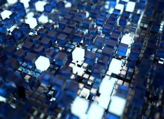 3d render abstract background.  A stack of cubes with different materials. Grid structure made of square geometry form. Digital Concept. 3D cube`s grid.