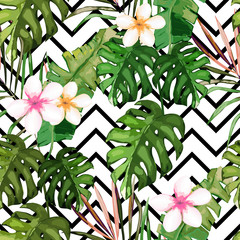 Exotic summer print. Seamless pattern with tropical leaves and flowers. Hawaii, Miami style.Vector illustration