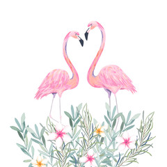 Couple pink flamingos and bouquet flowers. Cute print for invitation, birthday, celebration, greeting card. Vector illustration