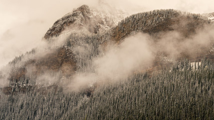 Mount Temple Autumn Snow and Fog near Lake Moraine - Banff National Park