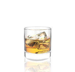 glass of whiskey with ice with white background