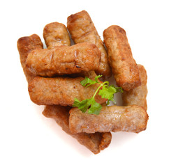 Cooked sausages arranged in a row,