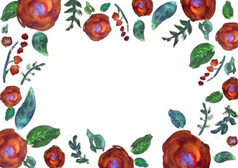 Painted watercolor composition with flowers and leaves. Frame of roses. Floral border. Can be used as invitation card for wedding, birthday, other holiday, summer background, poster, banner.