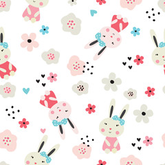 Seamless pattern with cute rabbits and flowers