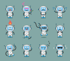 Set of cute robot character in different poses and with various emotions. Vector character collection