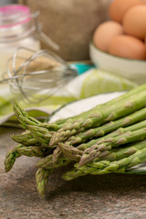 Ingrediens for delicious green asparagus quiche, tasty vegetarian food
