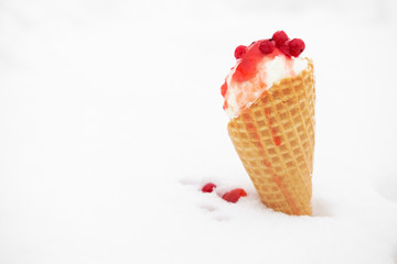 ice cream in waffle cone with red currant jam in snow