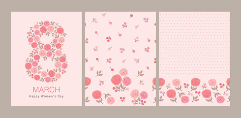 Greeting card with March 8. International Women's Day. 8 shape with roses and leaves. Seamless pattern with pink flowers for textile, wallpapers, gift wrap and scrapbook. Vector.
