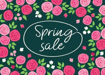 Spring sale. Promotional poster with hand drawn pink flowers. Dark green background. Vector illustration.
