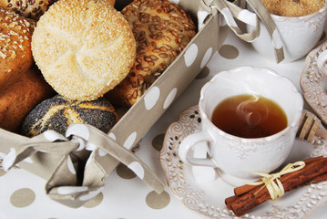 hot sweet herbal tea with fresh crunchy scones with lots of cane and sugar for a healthy breakfast every morning