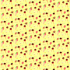 Set of sweet food. Ice-cream, cakes, sweets on a yellow background. Vector Pattern illustration.