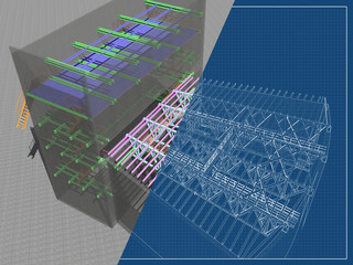 3D project of reconstruction and construction of buildings made of metal structures. Transparent wall. Architectural, engineering and construction hair dryer. 3D rendering. Drawing blueprint.