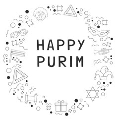 Frame with purim holiday flat design black thin line icons with text in english