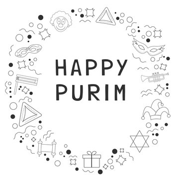 Frame with purim holiday flat design black thin line icons with text in english