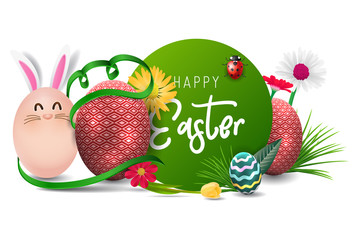 Happy easter image vector. Modern happy Easter background with colorful eggs, bunny, rubbit, and spring flower. Template Easter greeting card, vector.