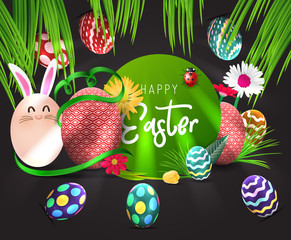 Happy easter image vector. Modern happy Easter background with colorful eggs, bunny, rubbit, and spring flower. Template Easter greeting card, vector.