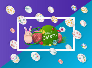 Bunte Ostereier. Frohe Ostern. Happy easter image vector. Modern happy Easter background with colorful eggs, bunny, rubbit, and spring flower. Template Easter greeting card, vector.