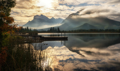 Autumn morning sun on the Vermilion Lakes Scenic Drive in Banff National Park - obrazy, fototapety, plakaty