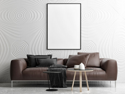 Empty poster mock up living room, your work here, 3d render 3d illustration