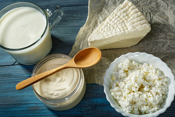 Dairy products on a blue table