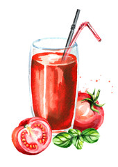 Glass of tomato Juice and basil. Watercolor hand drawn illustration, isolated on white background
