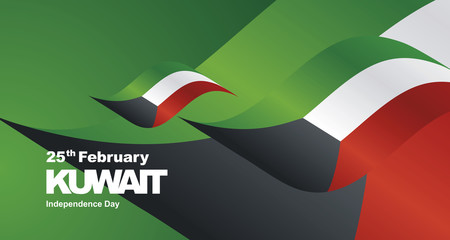 Independence Day Kuwait flag ribbon landscape background greeting card
