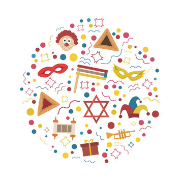 Purim holiday flat design icons set in round shape