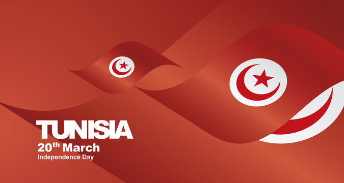 Independence Day Tunisia flag ribbon landscape background greeting card