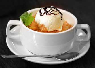 Macro photo of delicious pie with ice cream