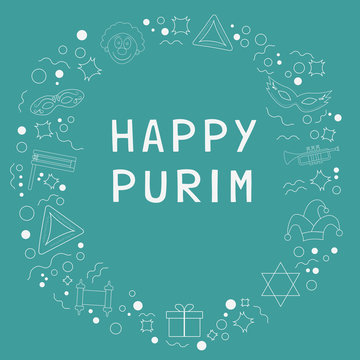 Frame with purim holiday flat design white thin line icons with text in english