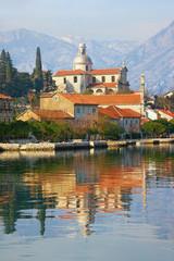 Fototapeta na wymiar Winter Mediterranean landscape. Montenegro, view of Bay of Kotor, Prcanj town and Birth of Our Lady Church