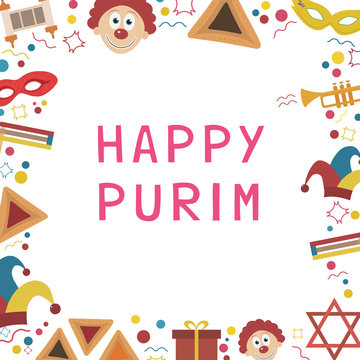 Frame with purim holiday flat design icons with text in english