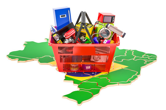 Map of Brazil with shopping basket full of home and kitchen appliances, 3D rendering