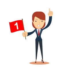 Happy businesswoman holding number one flag . Start up business concept.
