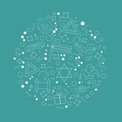 Purim holiday flat design white thin line icons set in round shape