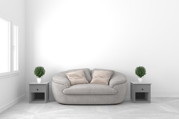 Fototapeta na wymiar Beautiful white empty room-Living room interior design - with sofa and plants and windows on empty white wall background - Scandinavian style - empty room . 3D rendering