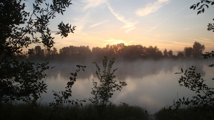 Morning fog on the river early in the morning. The sun was just rising. Fog on the water spreading. On the banks of the trees cast shadows on the water.