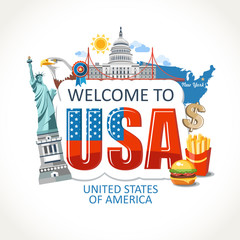 USA lettering sights symbols culture landmark illustration