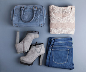 Fashion clothes and accessories in pastel colors.