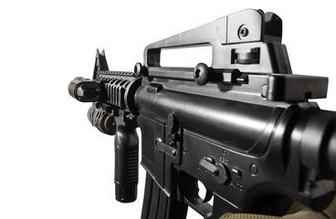 Closeup vr first person view of a soldier hand holding automatic rifle side view.