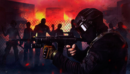 Photo of a swat soldier shooting at attacking zombies on a night burning city background.