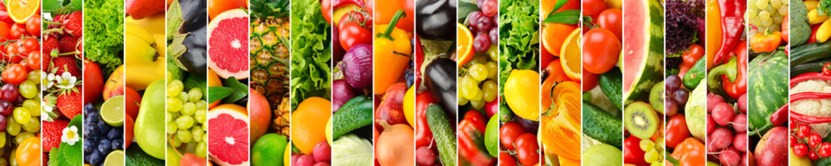 Panoramic collage with fruits and vegetables. Vertical stripes