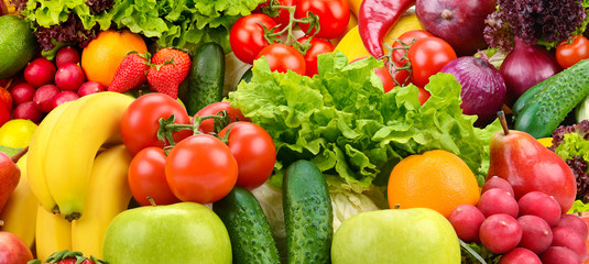 Panoramic collection healthy fruits and vegetables.