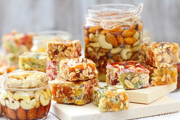 Nuts in honey and sweet marmalade with various nuts