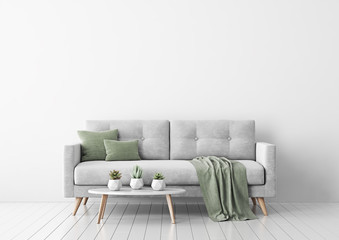 Living room interior with gray velvet sofa, pillows, green plaid, lamp and fiddle leaf tree in wicker basket on white wall background. 3D rendering.